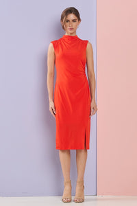 Orange Mock Neck Side Slit Jersey Midi Dress