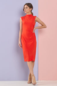 Orange Mock Neck Side Slit Jersey Midi Dress