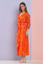 Orange Multi Floral Ruffle Sleeves And Neck Chiffon Maxi Dress