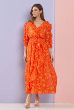 Orange Multi Floral Ruffle Sleeves And Neck Chiffon Maxi Dress