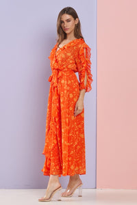 Orange Multi Floral Ruffle Sleeves And Neck Chiffon Maxi Dress