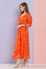 Orange Multi Floral Ruffle Sleeves And Neck Chiffon Maxi Dress