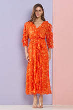 Orange Multi Floral Ruffle Sleeves And Neck Chiffon Maxi Dress