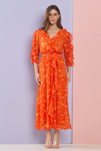 Orange Multi Floral Ruffle Sleeves And Neck Chiffon Maxi Dress