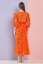 Orange Multi Floral Ruffle Sleeves And Neck Chiffon Maxi Dress