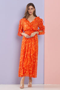 Orange Multi Floral Ruffle Sleeves And Neck Chiffon Maxi Dress