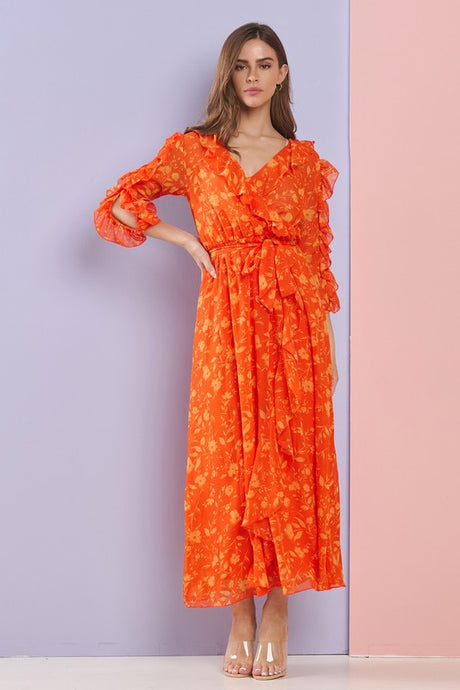 Orange Multi Floral Ruffle Sleeves And Neck Chiffon Maxi Dress
