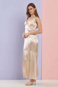 Champagne Gorgeous V Neck Mermaid Satin Maxi Dress