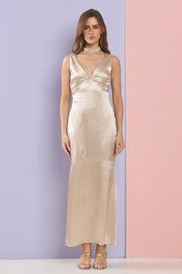 Champagne Gorgeous V Neck Mermaid Satin Maxi Dress