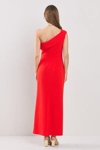 Red One Shoulder Side Dropped Ruffles Maxi Dress