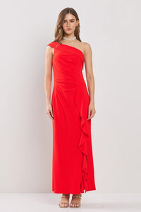 Red One Shoulder Side Dropped Ruffles Maxi Dress