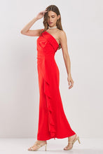 Red One Shoulder Side Dropped Ruffles Maxi Dress