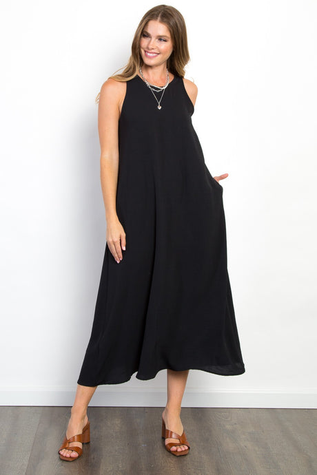 Black Solid Woven Sleeveless Dress