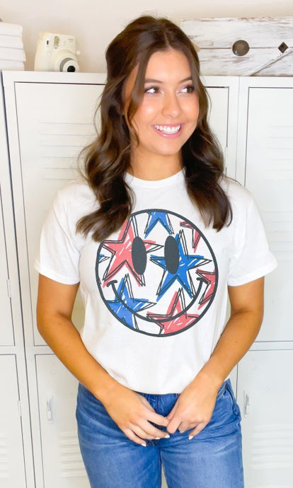 White Patriotic Stars Smiley Graphic Shirt