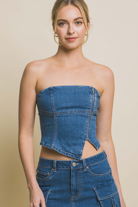 Blue Denim Strapless Zipper Vest Top with Smocked Back