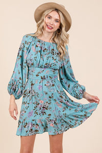 Sage Puff Sleeve Floral Dress With Cut Out Back And Tie