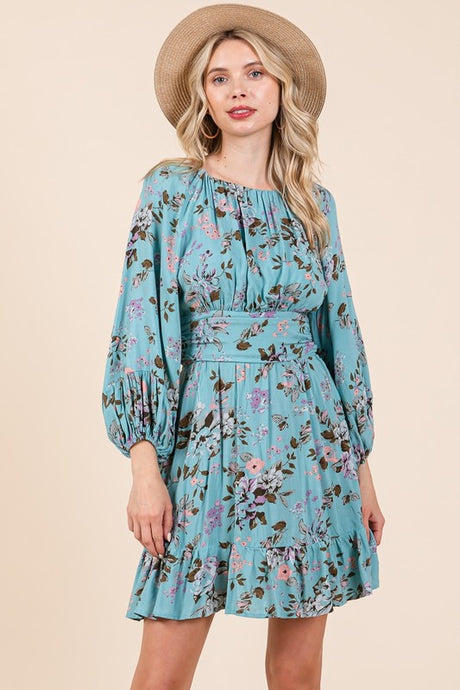 Sage Puff Sleeve Floral Dress With Cut Out Back And Tie