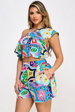 Blue/Lime Multi Printed One Shoulder Ruffle Neck Crop Top With Short Set