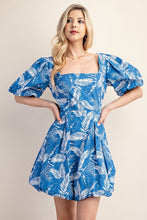Blue Printed Bubble Hem Short Sleeve Dress