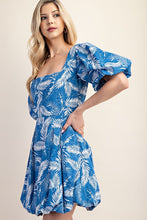 Blue Printed Bubble Hem Short Sleeve Dress