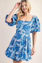 Blue Printed Bubble Hem Short Sleeve Dress