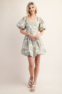 Sage Printed Bubble Hem Short Sleeve Dress