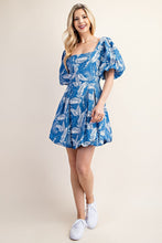 Blue Printed Bubble Hem Short Sleeve Dress