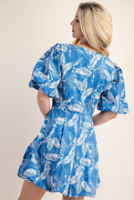 Blue Printed Bubble Hem Short Sleeve Dress