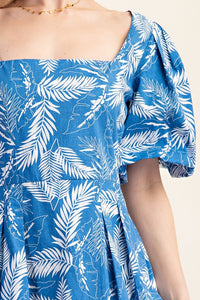 Blue Printed Bubble Hem Short Sleeve Dress