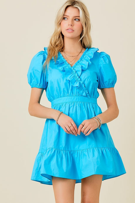 Sky Blue Surplice Ruffle Detail Dress With Puff Sleeves