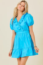 Sky Blue Surplice Ruffle Detail Dress With Puff Sleeves