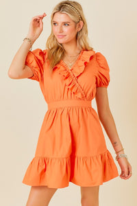 Sunkist Surplice Ruffle Detail Dress With Puff Sleeves