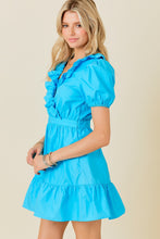 Sky Blue Surplice Ruffle Detail Dress With Puff Sleeves