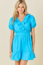Sky Blue Surplice Ruffle Detail Dress With Puff Sleeves