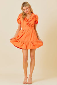 Sunkist Surplice Ruffle Detail Dress With Puff Sleeves