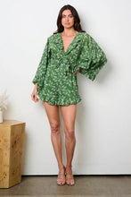 Green Wide Sleeve Leaf Print Woven Romper