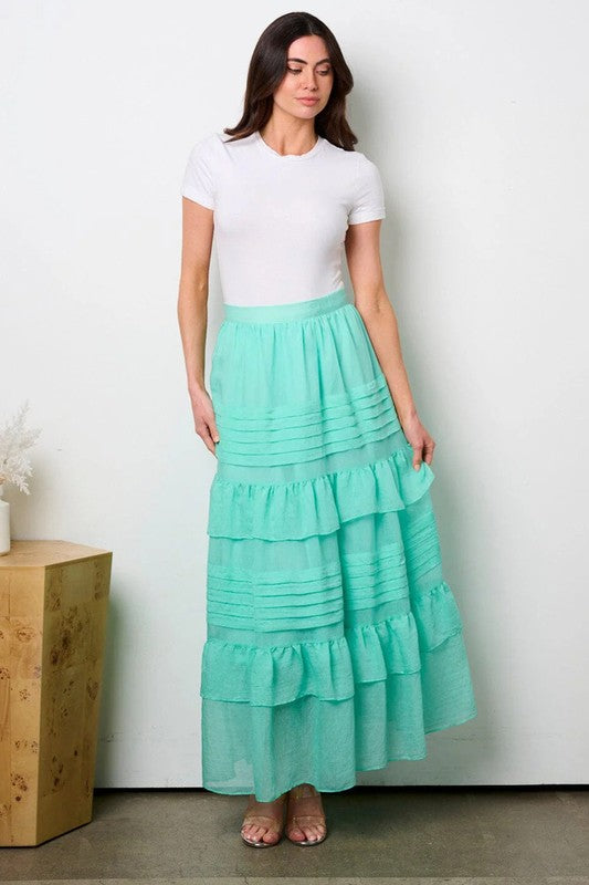 Mint Crinkle Solid Woven Tiered Maxi Skirt