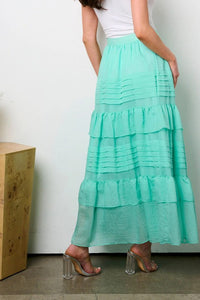 Mint Crinkle Solid Woven Tiered Maxi Skirt