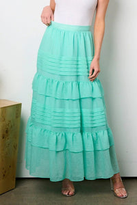 Mint Crinkle Solid Woven Tiered Maxi Skirt