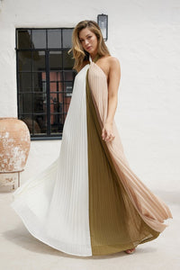 Olive Multi Halter Color Block Maxi Pleated Dress