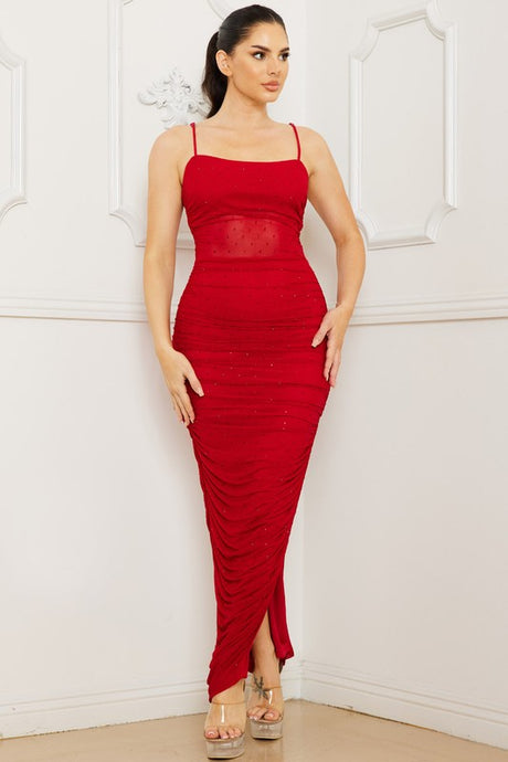 Red Rhinestone With Shirring On The Side Maxi Dress