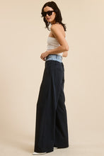 Navy Denim Waistband Solid Wide Leg Trouser Pants