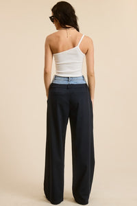 Navy Denim Waistband Solid Wide Leg Trouser Pants
