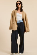 Navy Denim Waistband Solid Wide Leg Trouser Pants