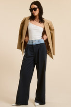 Navy Denim Waistband Solid Wide Leg Trouser Pants