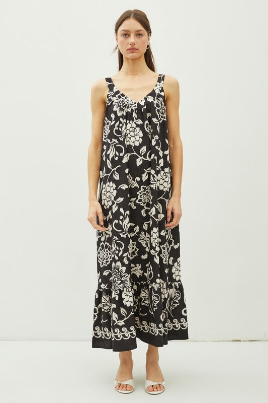 Black Floral Print V-Neck Wide Strap Tie Back Maxi Dress