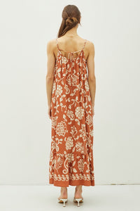 Caramel Floral Print V-Neck Wide Strap Tie Back Maxi Dress