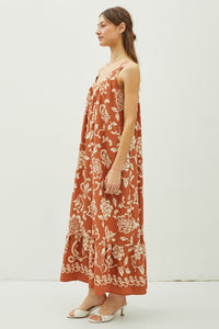 Caramel Floral Print V-Neck Wide Strap Tie Back Maxi Dress