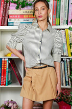 Black Short Puff Sleeve Button Down Striped Shirt Top