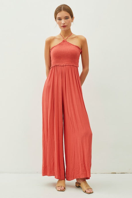 Scarlet Cutout Smocked Halter Wide Leg Jumpsuit